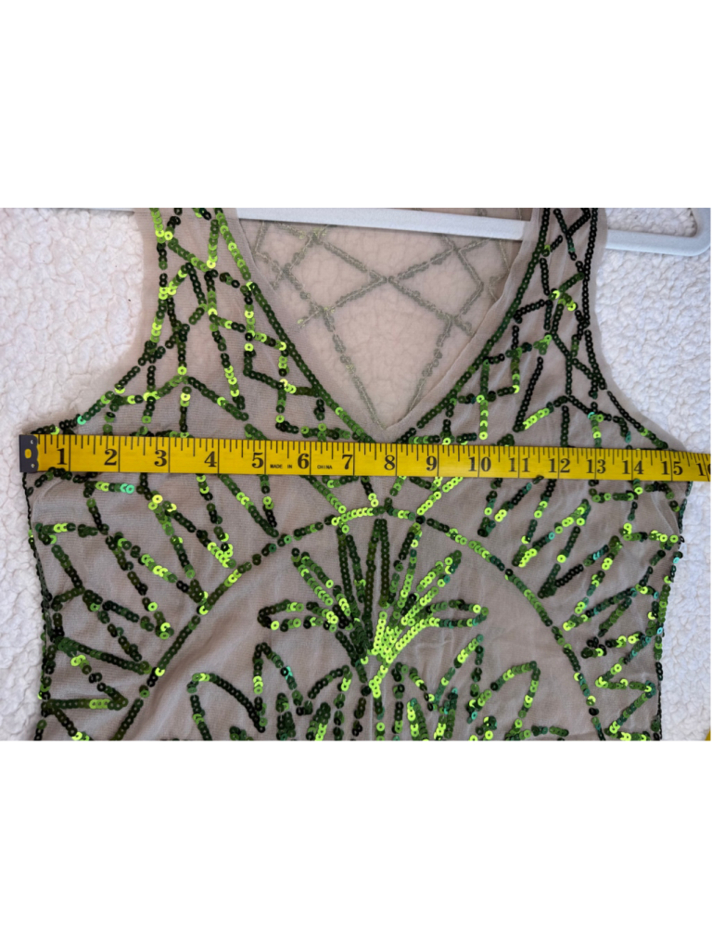 Chelsea & Violet Green Sequin Sheer Mesh Mini Dress Tan Art Deco Festival Small - Picture 5 of 7